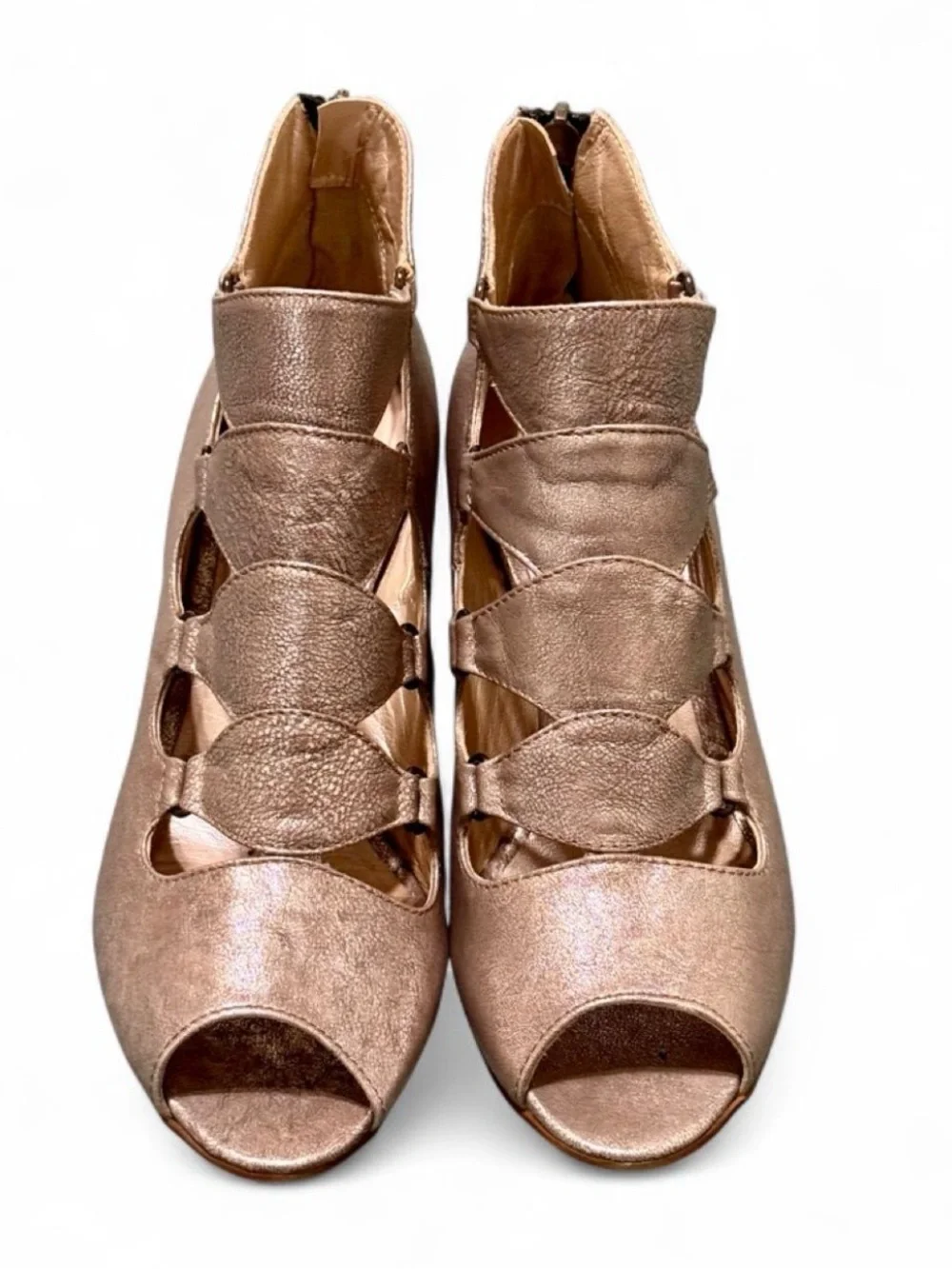 Aquatalia Metallic Leather Cutout Peep-Toe Bootie Heels – Made in Italy
